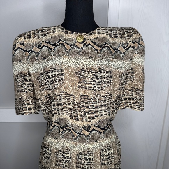 Lady Carol Vintage Snakeskin Print Maxi Dress Brown Tan Pleated Skirt Size 12 - Picture 8 of 9